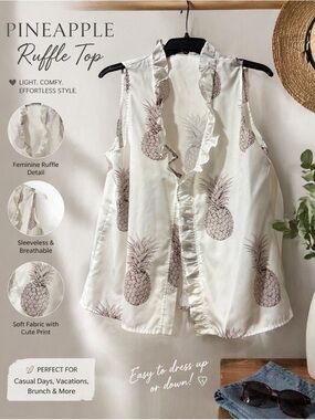 Sleeveless Pineapple Print Ruffle Button Down Blouse Size Large Summer Top